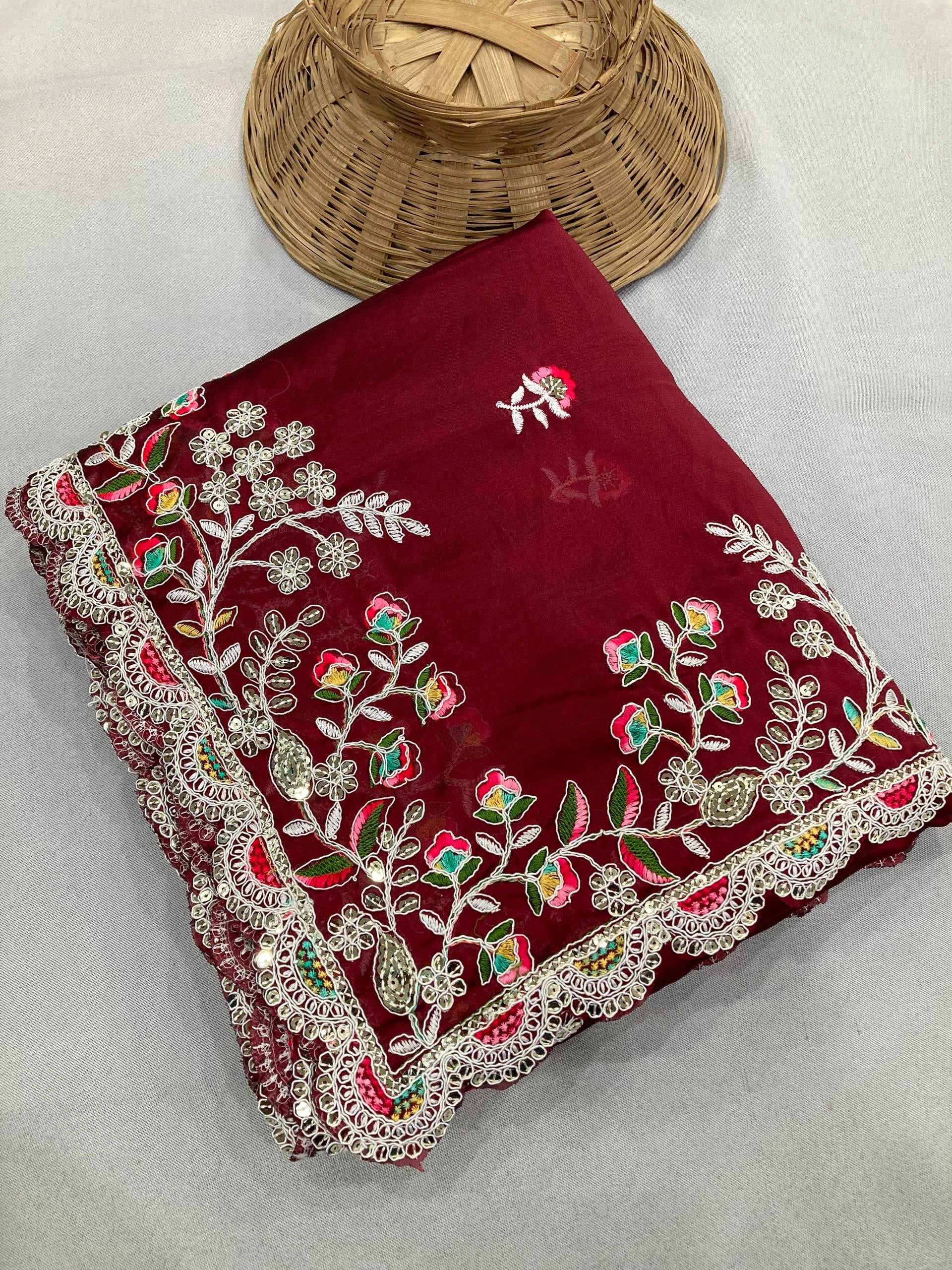 Maroon Embroidery Sequins Work Rangoli Silk Saree - kalyanja